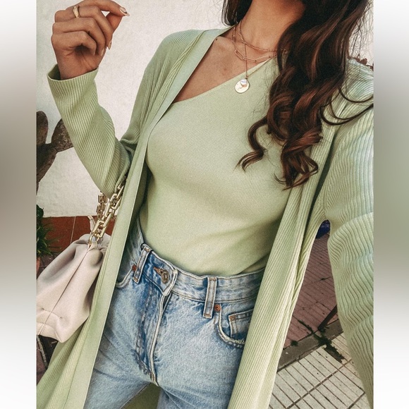 ZARA Celery Green Ribbed Knit Duster Maxi Cardigan - Picture 3 of 9